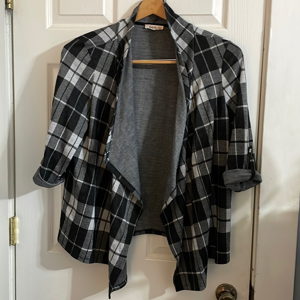 Soleillee Flannel Style Cardigan - Black and White Plaid 2x